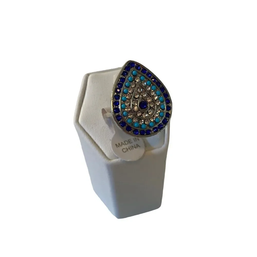 Teardrop Shaped Evil Eye Jeweled Silver Toned Ring in Ladies Sz. 8